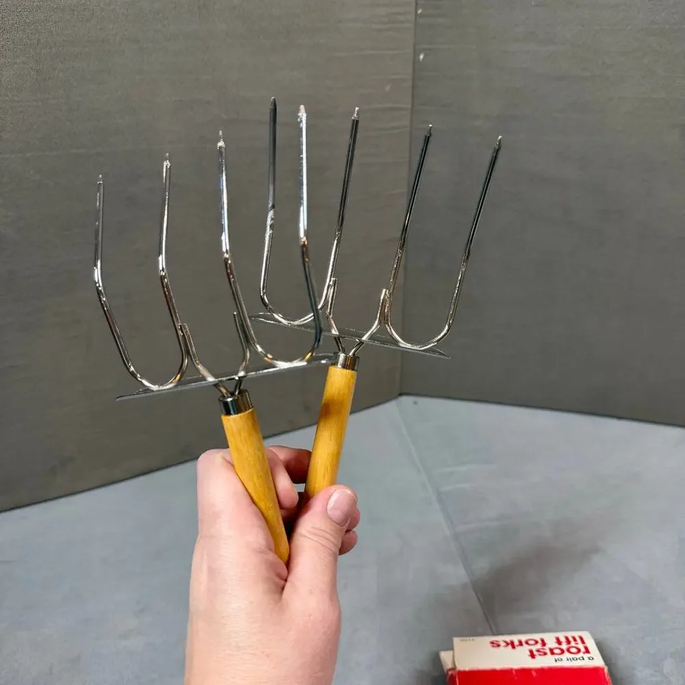 NEW Pair of Roast Lift Forks Rowoco Tool 1729 Wooden Handles Vintage Deadstock